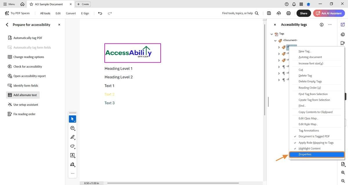 Adobe Acrobat workspace showing AO logo selected. An orange arrow points to the Properties option in the right-side menu.