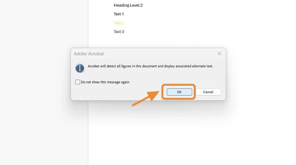 Pop-up dialog box titled “Adobe Acrobat.” The message reads: “Acrobat will detect all figures in this document and display associated alternate text.” The “OK” button is highlighted