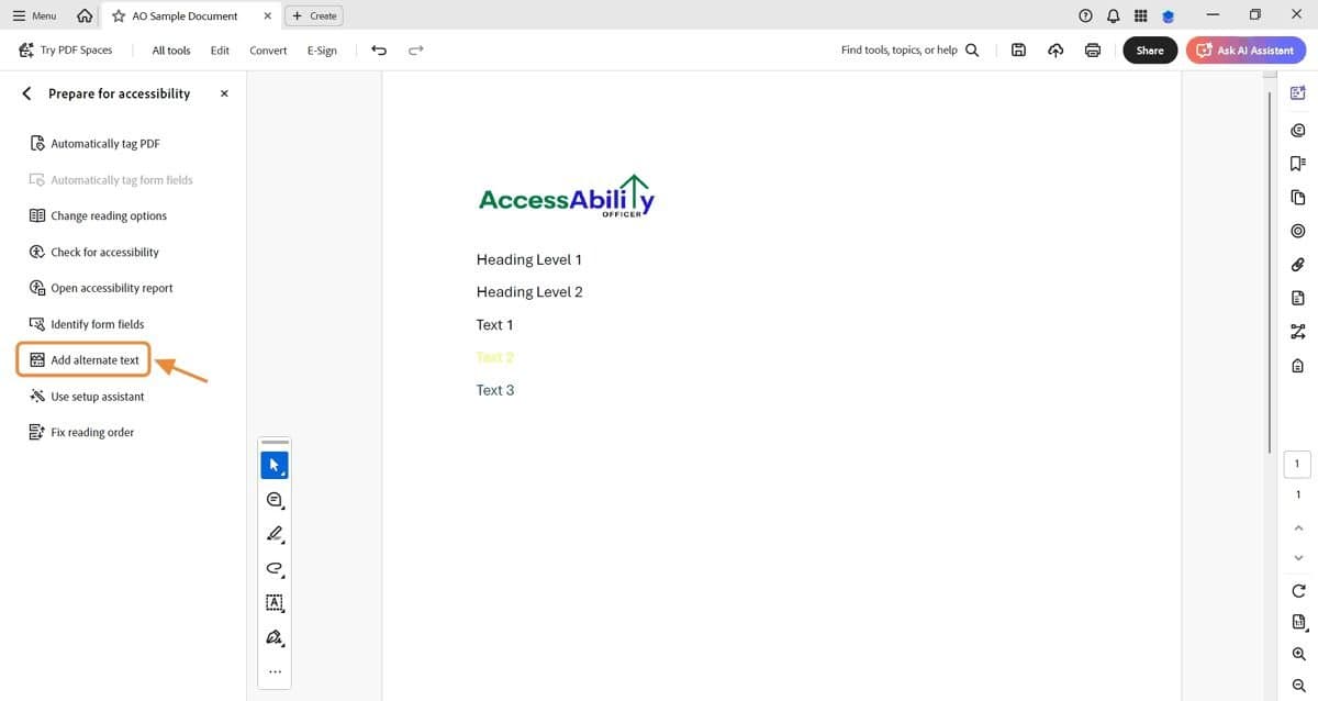 Screenshot of Adobe Acrobat Pro with the “All tools” panel open. The option “Prepare for accessibility” is highlighted with an orange arrow. A sample PDF document is displayed with the AccessAbility Officer logo, headings, and text examples in different colors.