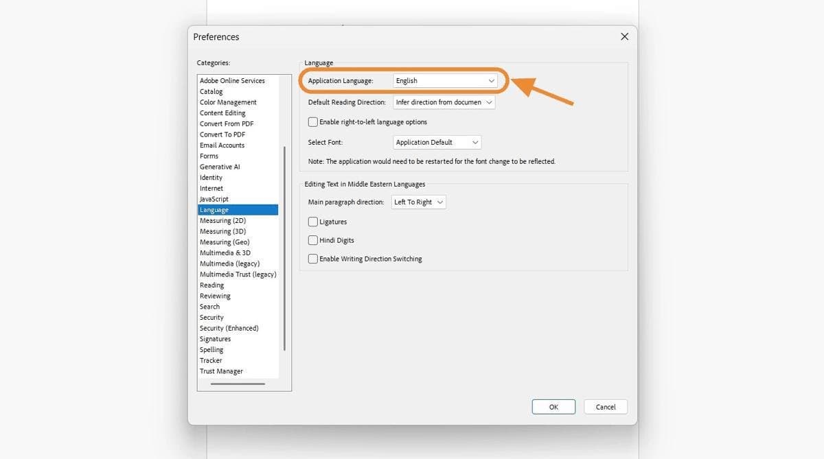 Language window is open. There's a dropdown of languages you can choose from.