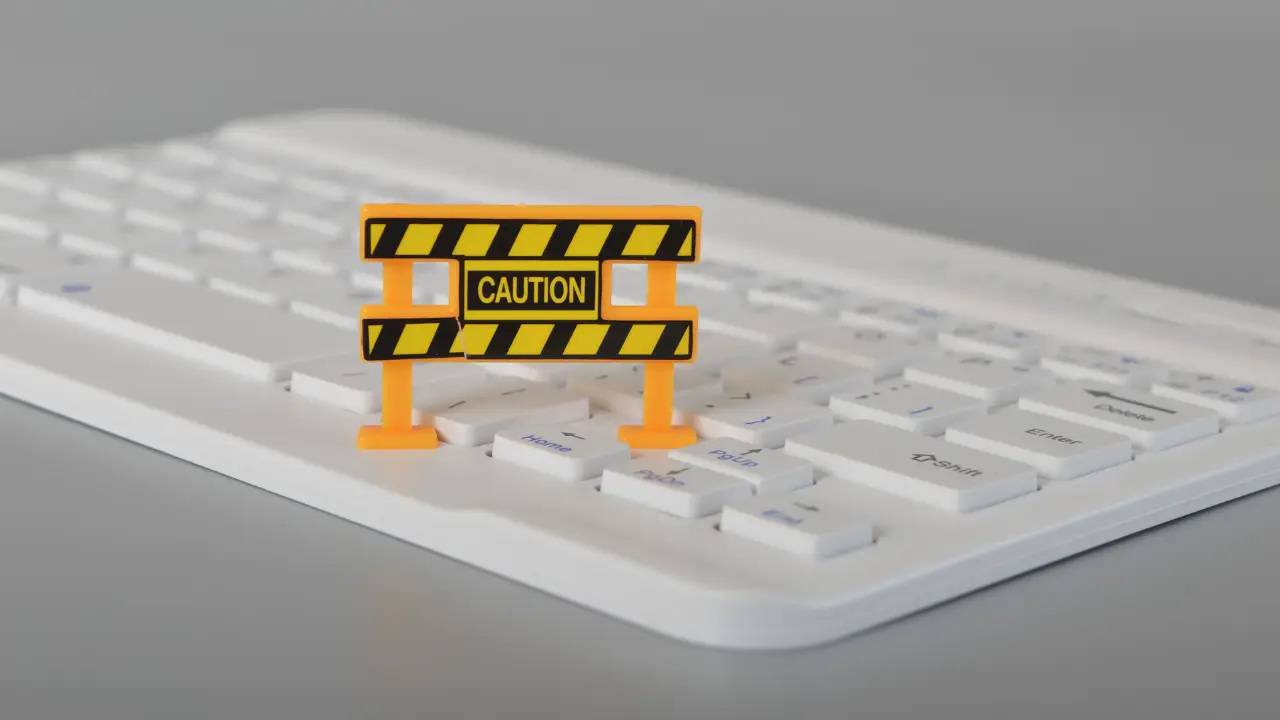 Small yellow with black stripes caution barrier placed on a computer keyboard