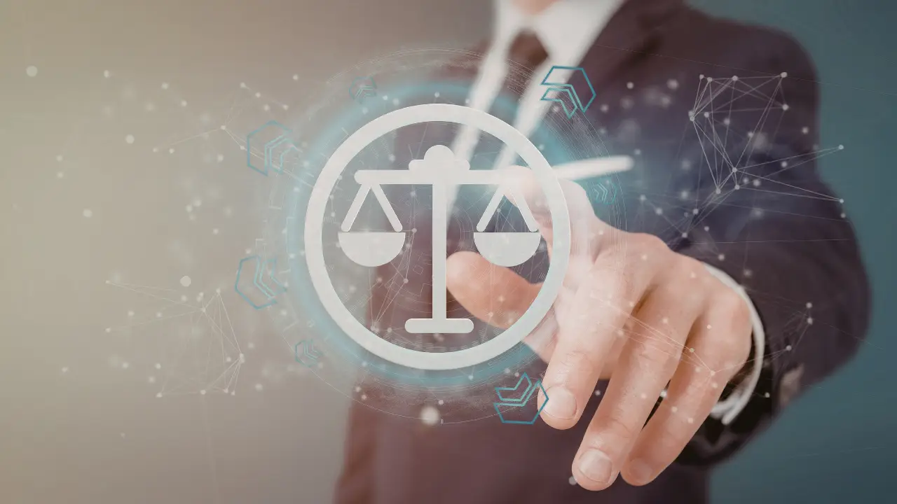 Business professional pointing at a digital scales of justice icon, representing legal risk and accountability in accessibility compliance
