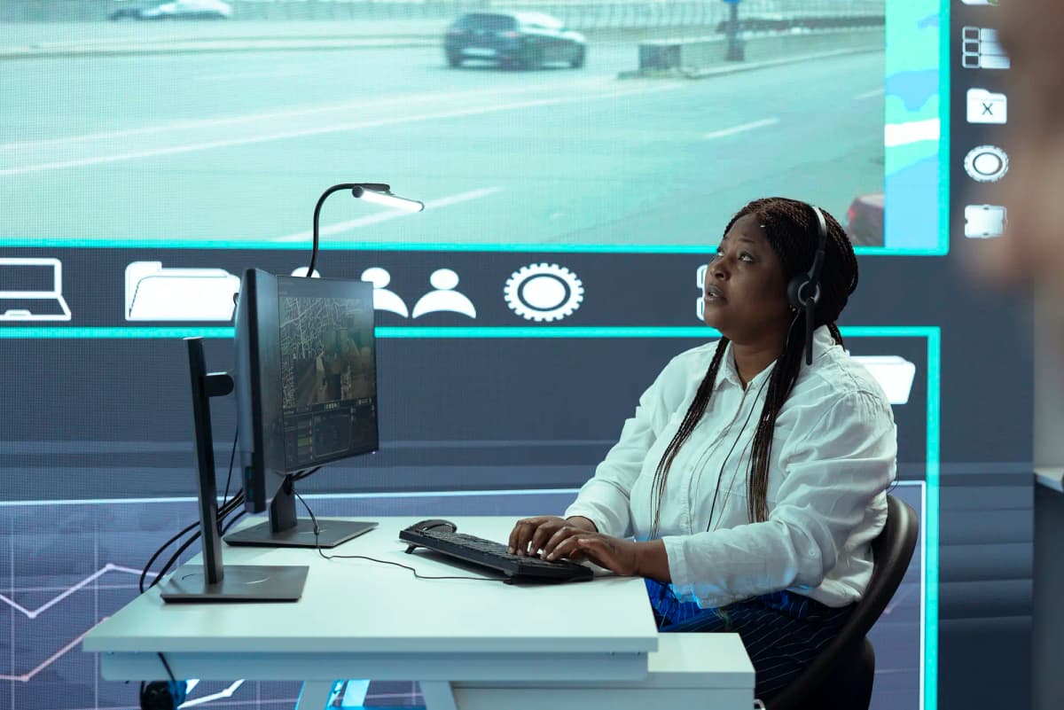 Operations center staff monitoring digital maps, traffic feeds, and data systems on large display screens.