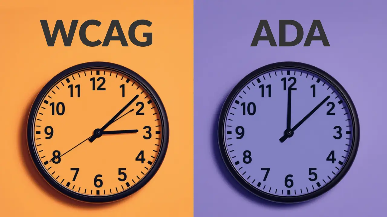 Two side-by-side clocks against orange and purple backgrounds labeled WCAG and ADA.