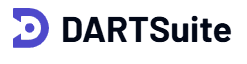 DARTSuite logo. A bold, black font next to a stylized purple 'D' icon with a circular dot in the center and a forward-facing arrow shape.