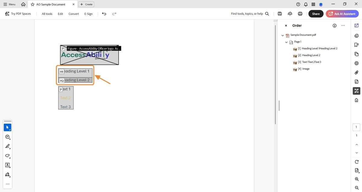 Screenshot of Adobe Acrobat Pro showing a sample PDF with “Heading Level 1” and “Heading Level 2” in labeled boxes. An orange arrow points to the highlighted heading tags in the Reading Order panel. The right-hand Order panel displays the document structure, listing headings, text, and image tags.
