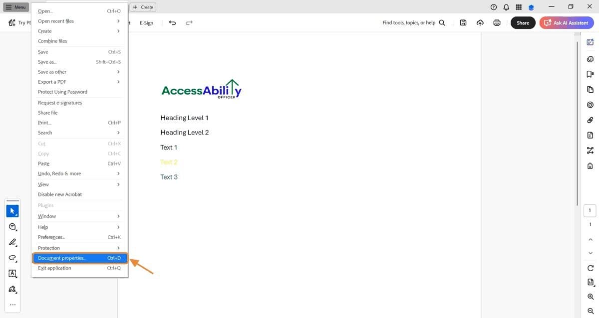 Adobe Acrobat Menu Drop down is shown. Highlights on the Document properties button