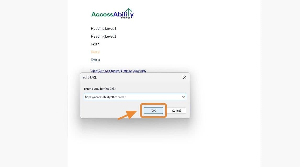 Edit URL dialog box in Adobe Acrobat. The URL “https://accessabilityofficer.com/” is entered, and the OK button is highlighted.
