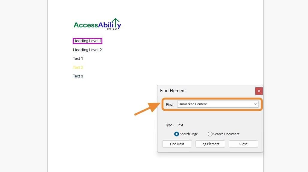 The “Find Element” dialog box is open, with the dropdown set to “Unmarked Content.”
