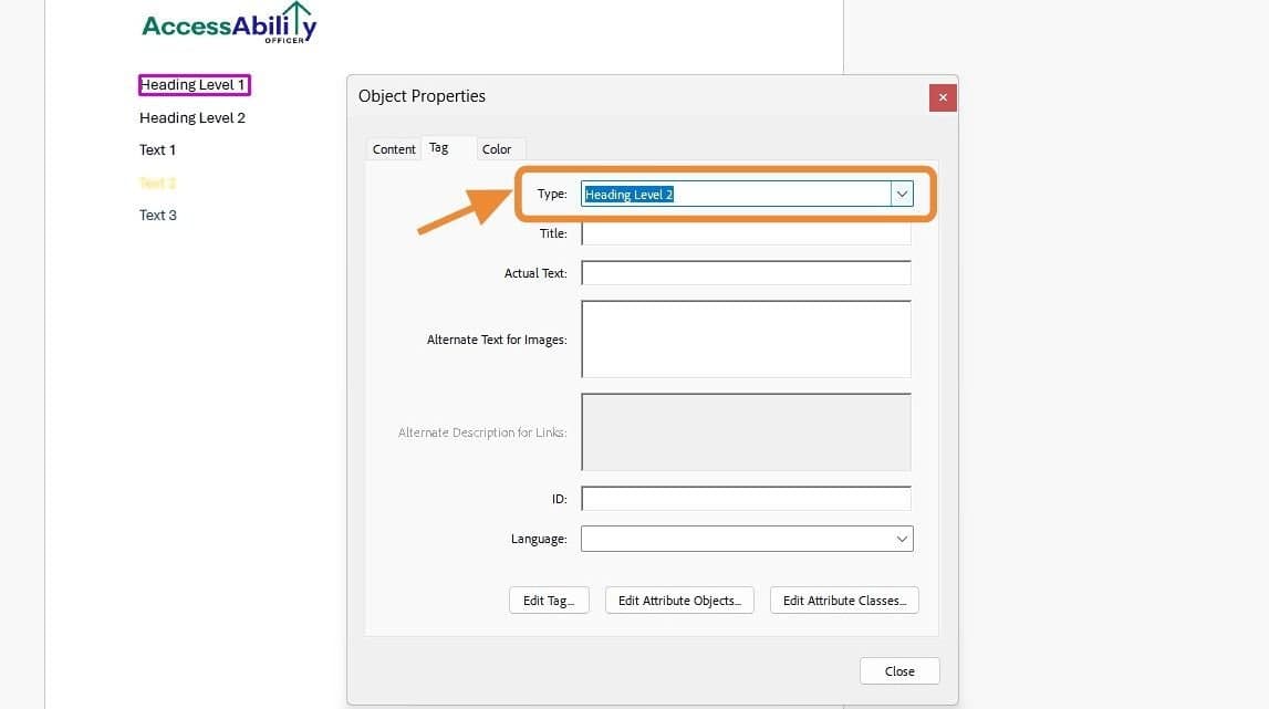 The “Object Properties” dialog box is open in Adobe Acrobat Pro, showing a tag Type set to “Heading Level 2.” The page text “Heading Level 1” is highlighted in pink.
