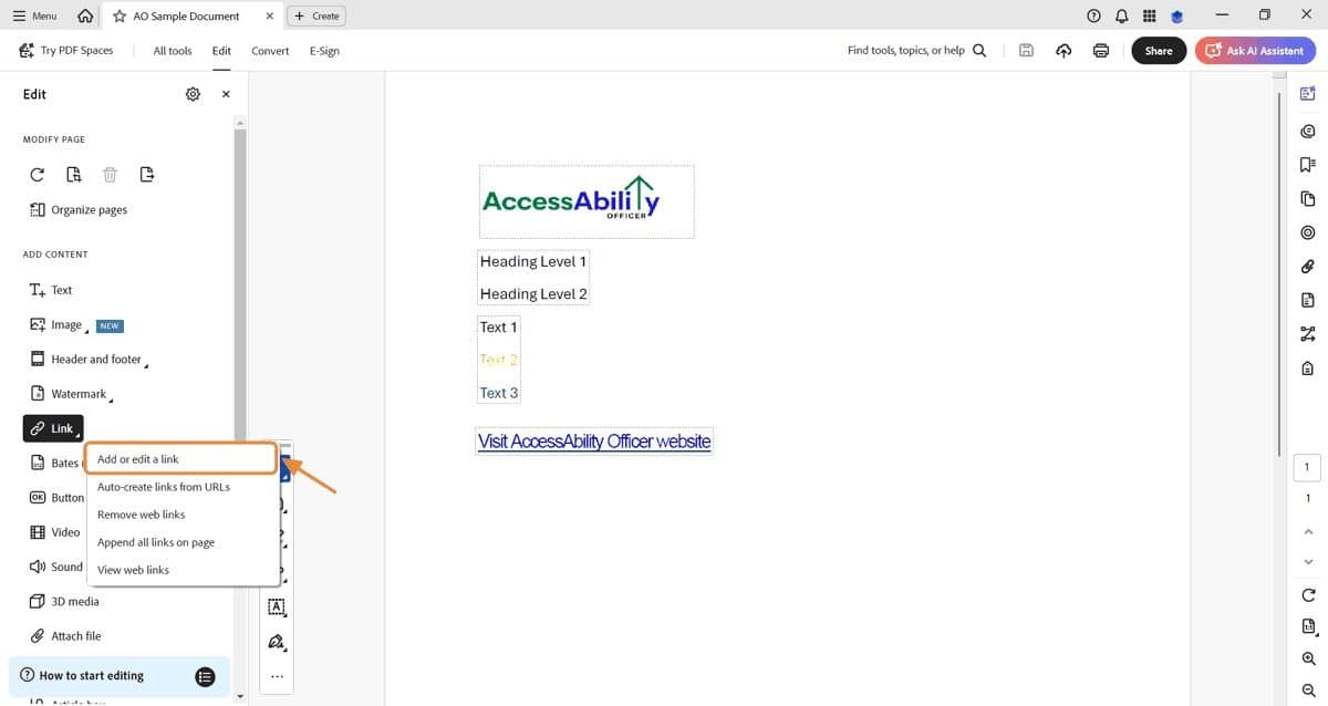 Adobe Acrobat window showing a sample document with the AccessAbility Officer logo, headings, and text. The “Edit” menu is open with “Link” options expanded, and an orange arrow highlights the option “Add or edit a link.”