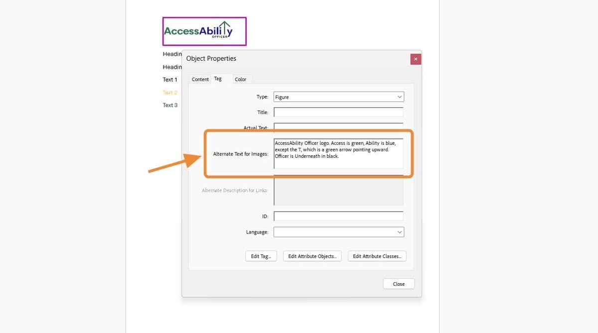 Adobe Acrobat Object Properties dialog box open. The Alternate Text for Images field is highlighted with AO logo description entered.