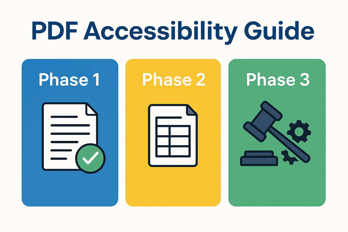 An infographic titled “PDF Accessibility Guide” displays three colored panels: Phase 1 with a document and checkmark, Phase 2 with a table icon, and Phase 3 with a gavel and gear symbol. The design represents the three-step process for making PDFs ADA and Section 508 compliant — from essentials to advanced tagging and full compliance review.