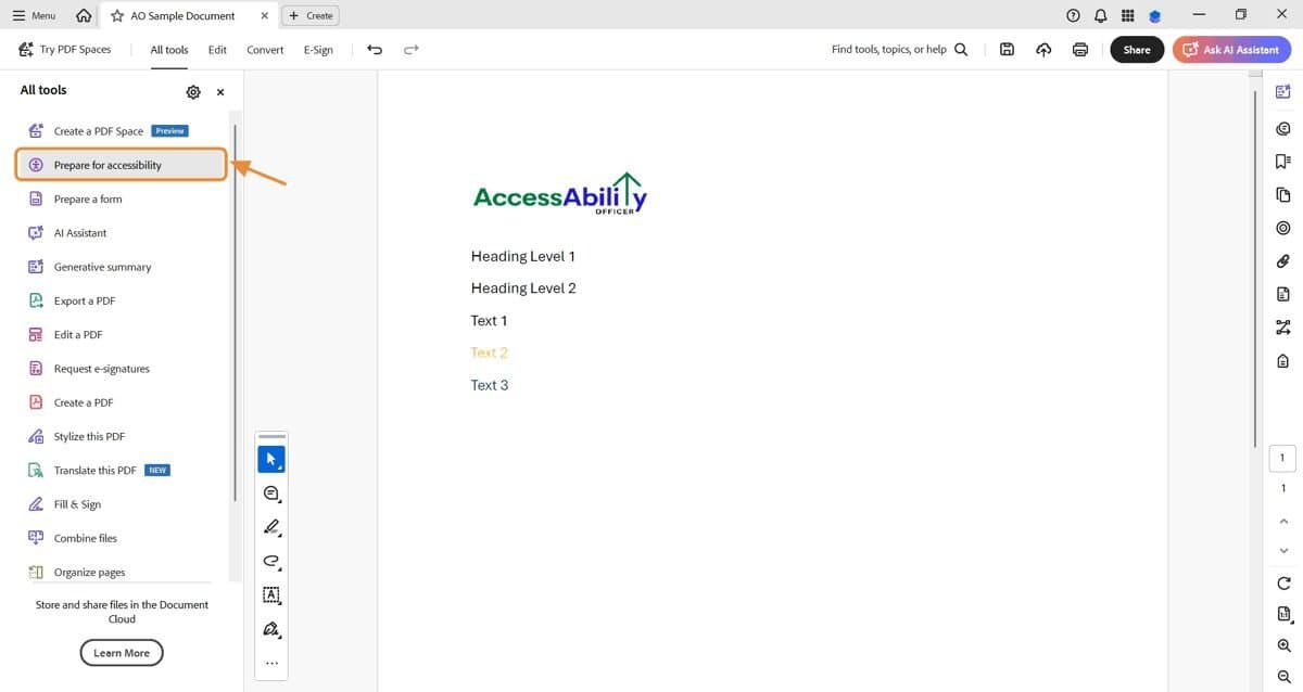 Adobe Acrobat Pro Accessibility menu with ‘Prepare for Accessibility’ highlighted, the first step to add ALT text for ADA Title II and Section 508 compliance.