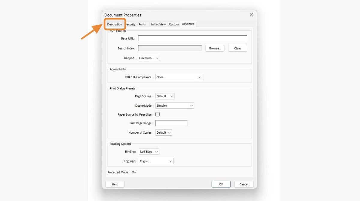 Showing Document Properties dialog box, highlighted the Description tab.