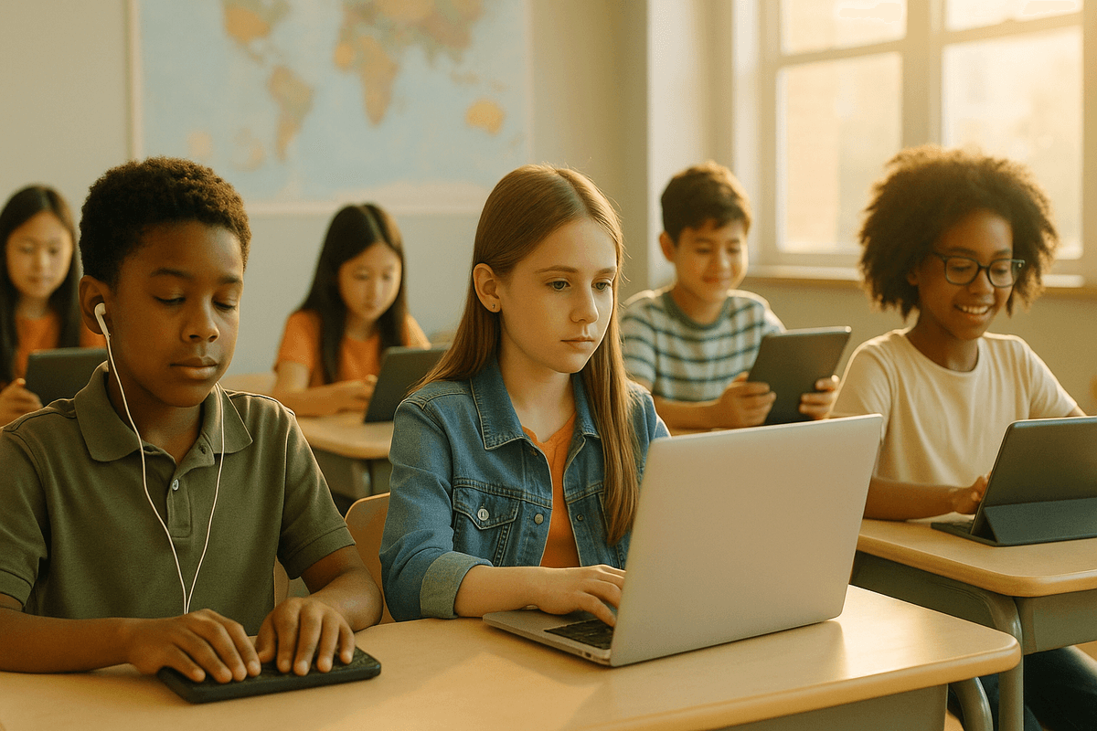 A diverse group of elementary students are using tablets and laptops, one student who is blind is using a screen reader with earbuds, highlighting the importance of digital accessibility and Section 504 in K-12 schools.