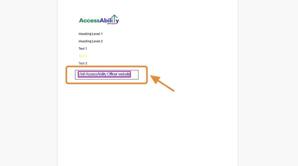Screenshot of PDF document where “Visit AccessAbility Officer website” is outlined in purple with a visible link box, showing the hyperlink has been tagged.