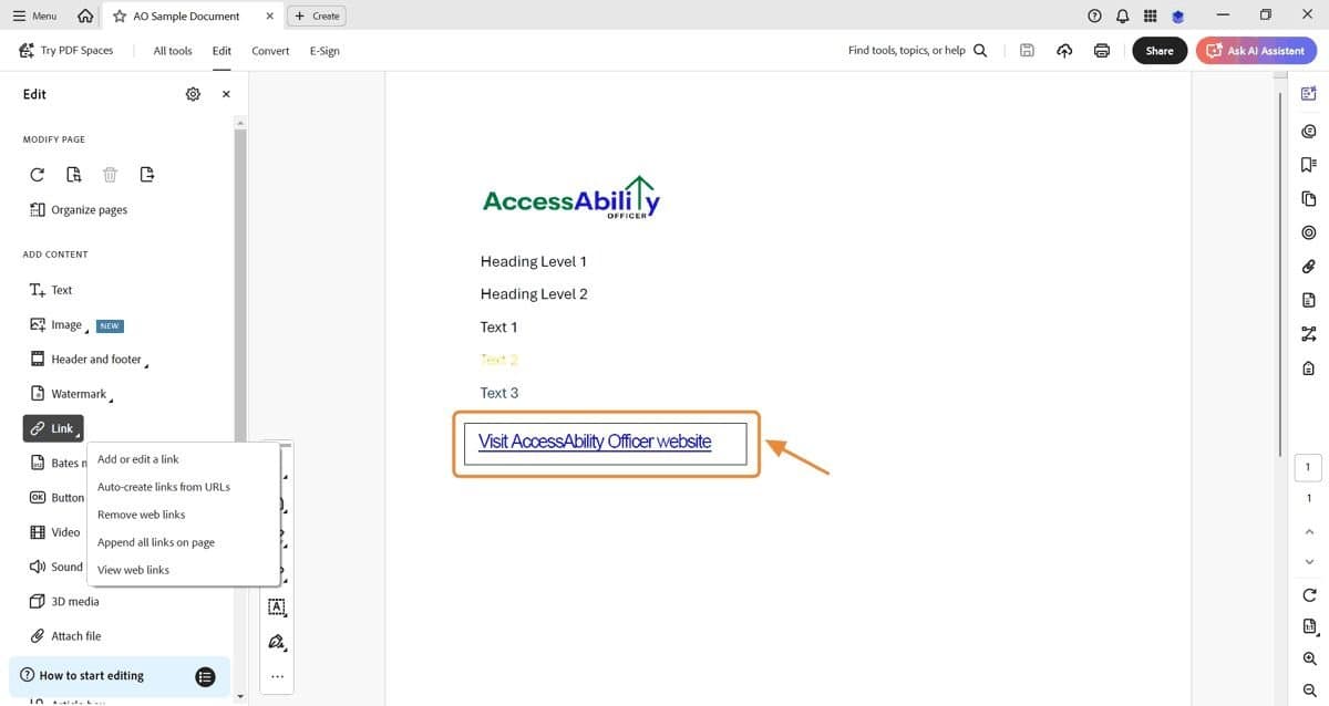 Edit URL dialog box in Adobe Acrobat. The URL “https://accessabilityofficer.com/” is entered, and the OK button is highlighted.