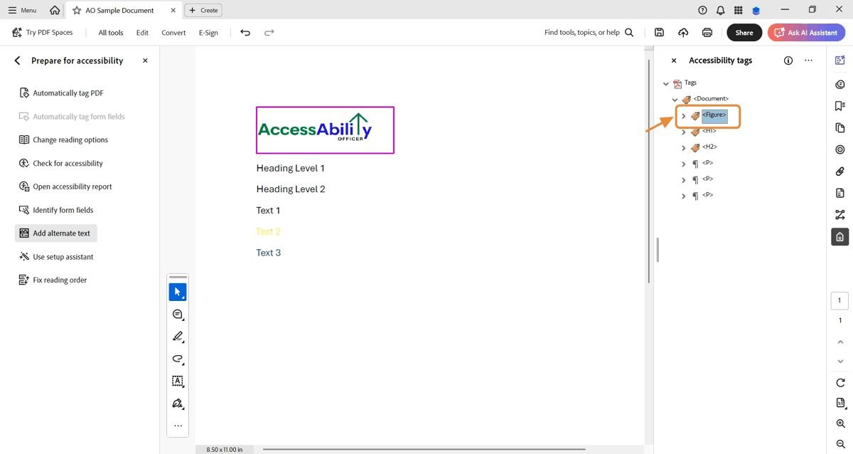 Adobe Acrobat workspace showing the AO logo outlined in purple. The Tags panel is open, with an orange arrow pointing to the <Figure> tag.