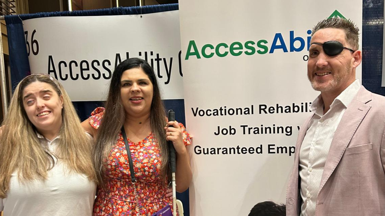 Ellie Alvarado, Tanner Gers of AccessAbility Officer, and Josselyn Sosa of the Babies Down, Bottles Up Podcast standing together and smiling during the 2025 ACB Conference.