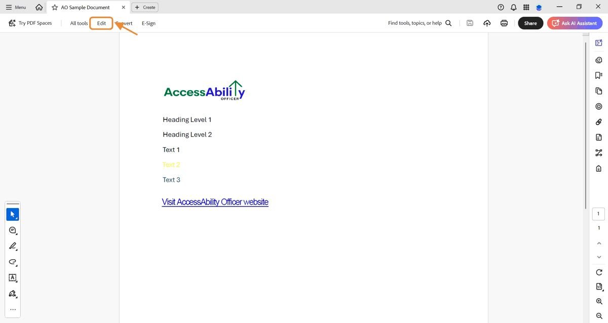 PDF document in Adobe Acrobat with the &ldquo;Edit&rdquo; menu open. The &ldquo;Link&rdquo; tool is highlighted, showing options to add or edit a link. The AccessAbility Officer website link is also added to our sample document, with title: Visit AccessAbility Officer website.