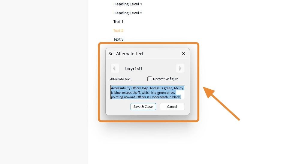 Dialog box titled Set Alternate Text is open. The alt text field contains a description of the AO logo. An orange arrow highlights the typed text.