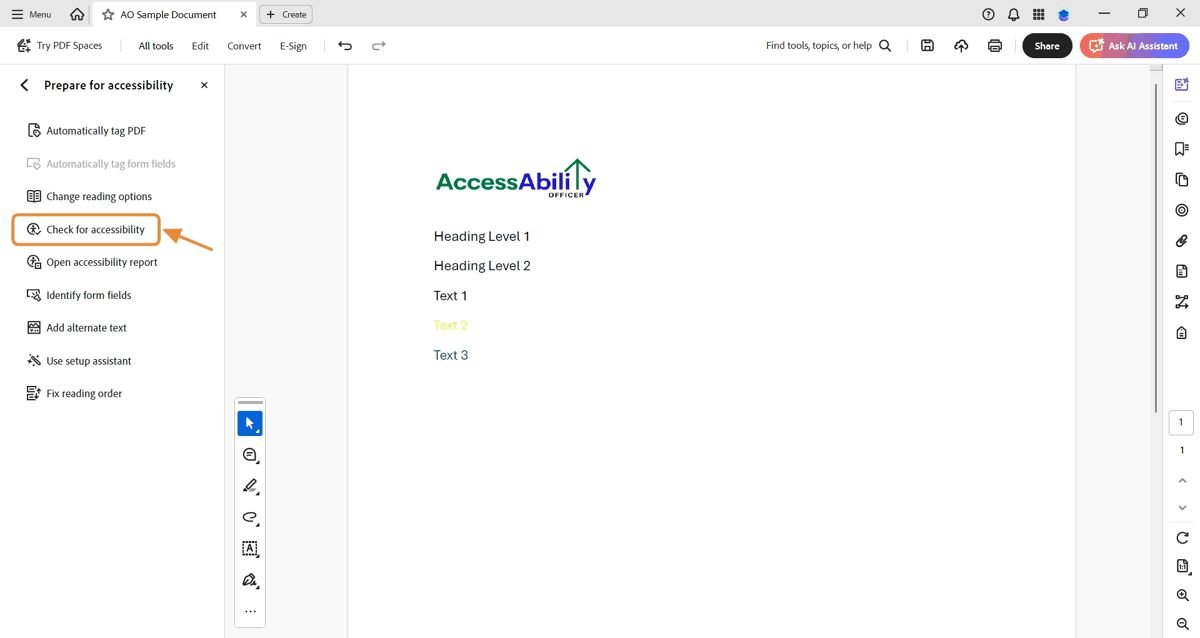 Prepare for accessibility panel open in Adobe Acrobat. &ldquo;Check for accessibility&rdquo; is highlighted with an orange box and arrow.