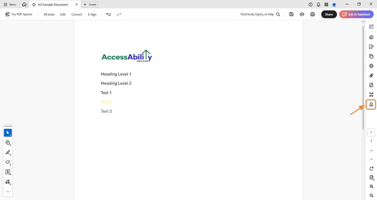 Adobe Acrobat Pro window showing a sample PDF with highlighted tag button on the right side.
