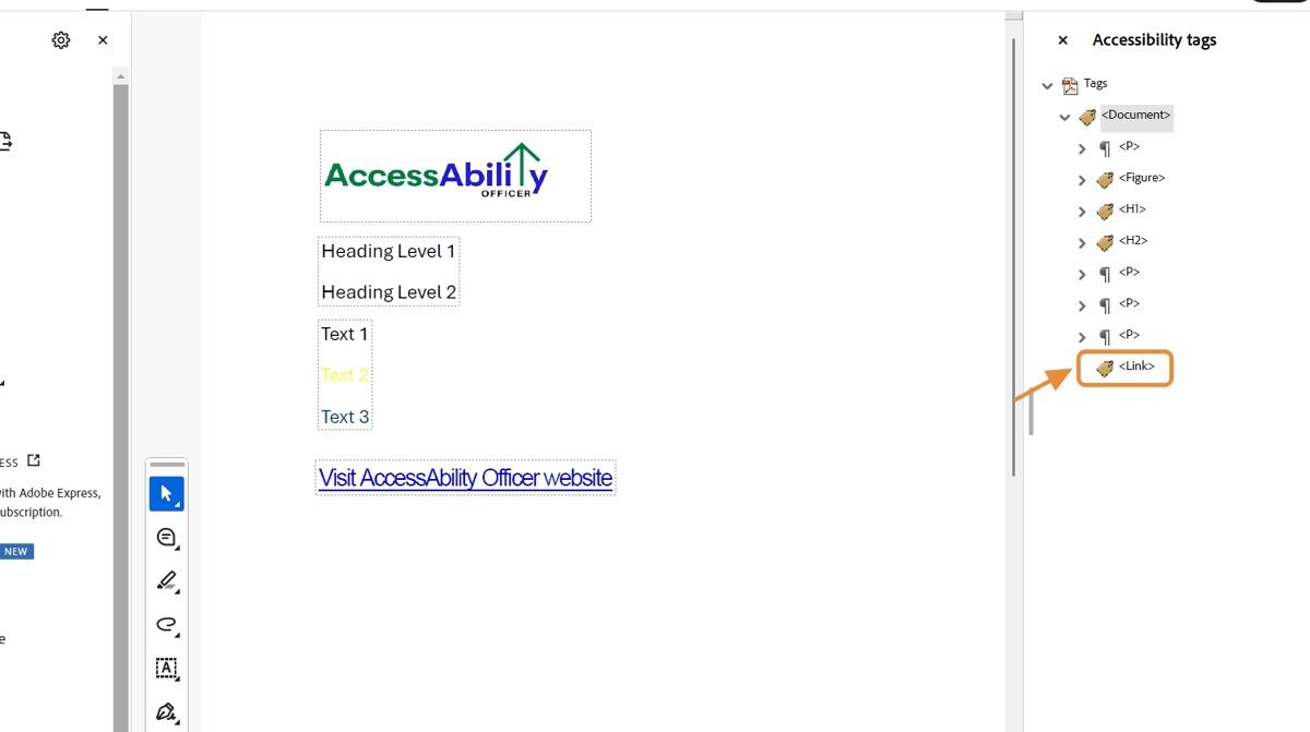 Screenshot of Acrobat Accessibility tags panel showing a newly added <Link> tag. The link text &ldquo;Visit AccessAbility Officer website&rdquo; is highlighted in the document.