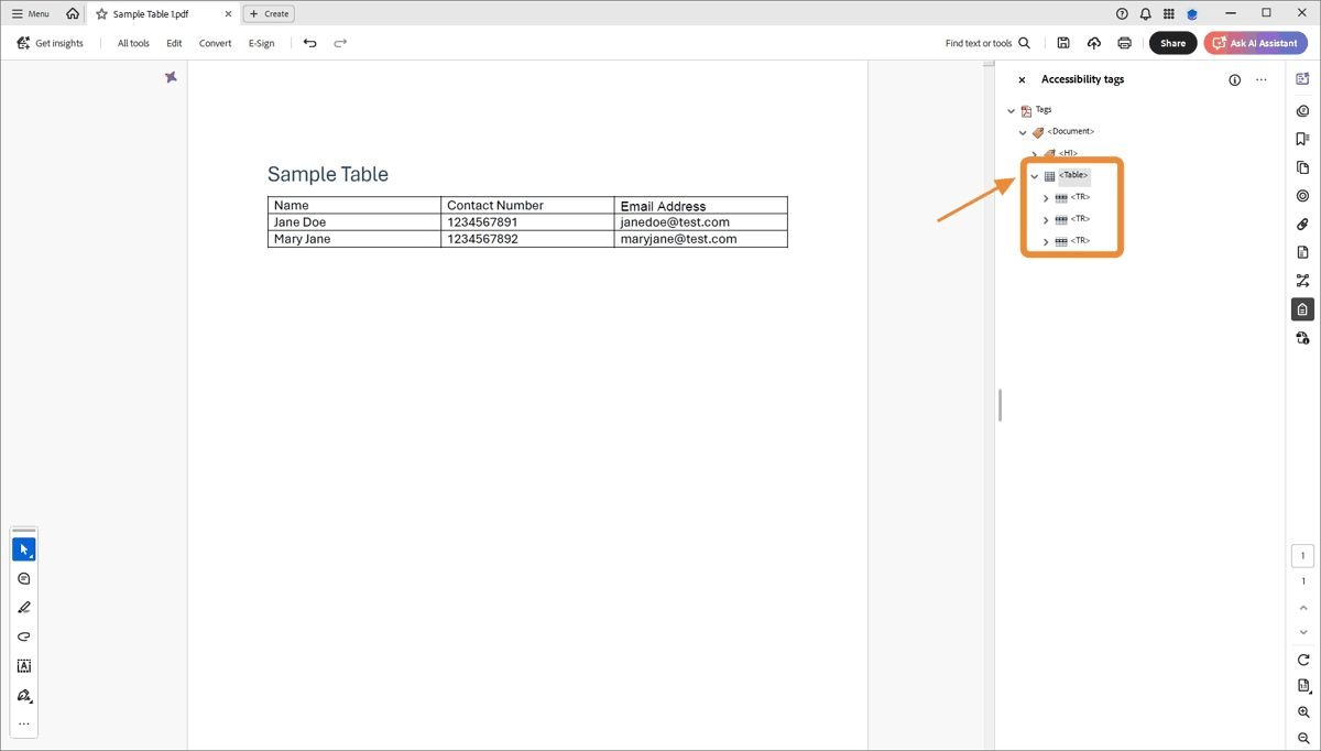 Screenshot of Adobe Acrobat Pro showing the Tags pane with the <Table> tag expanded and an orange arrow highlighting table rows, demonstrating how to view all cells in the tag tree.