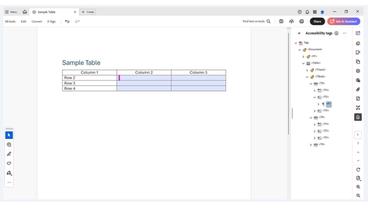 Adobe Acrobat Pro Accessibility Tags panel showing Find option selected to locate untagged annotations for PDF form fields inside tables.