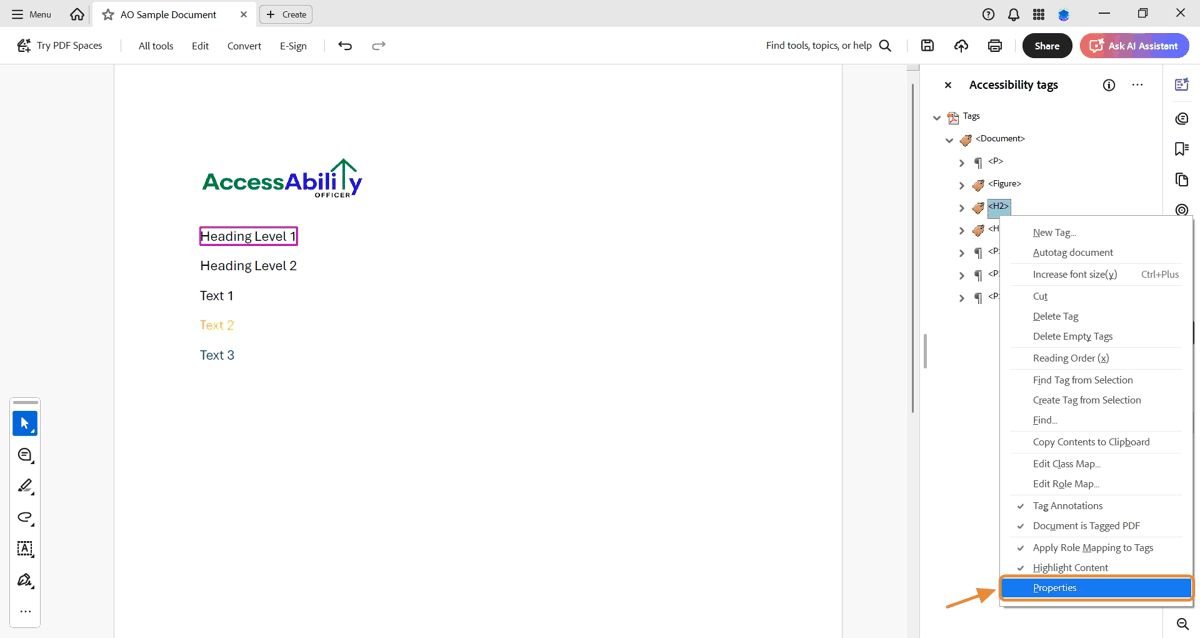 On the right, the Accessibility Tags panel is open with <H2> selected. A dropdown menu is expanded, and an orange arrow points to the &ldquo;Properties&rdquo; option