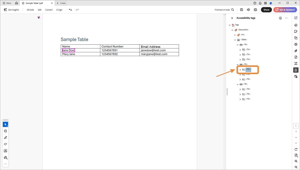 Screenshot of Adobe Acrobat Pro showing the Tags pane with an orange arrow pointing to a selected <TD> tag, highlighting how to identify and edit data cell tags in a table.