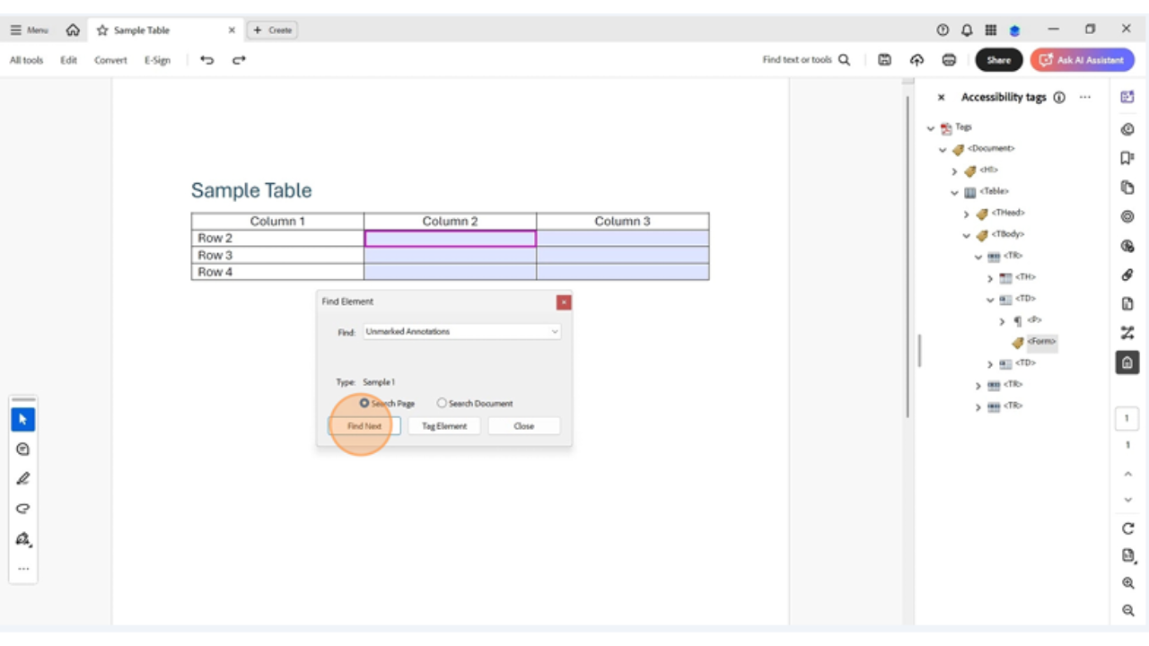 Adobe Acrobat Pro displaying Find Element dialog with unmarked annotations search selected to tag form fields in an accessible PDF table.