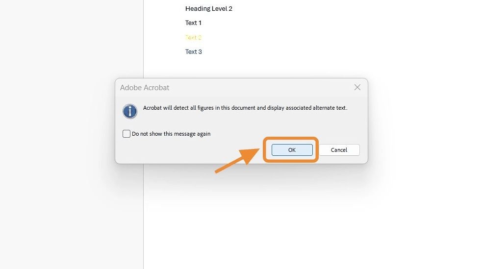 Pop-up dialog box titled &ldquo;Adobe Acrobat.&rdquo; The message reads: &ldquo;Acrobat will detect all figures in this document and display associated alternate text.&rdquo; The &ldquo;OK&rdquo; button is highlighted