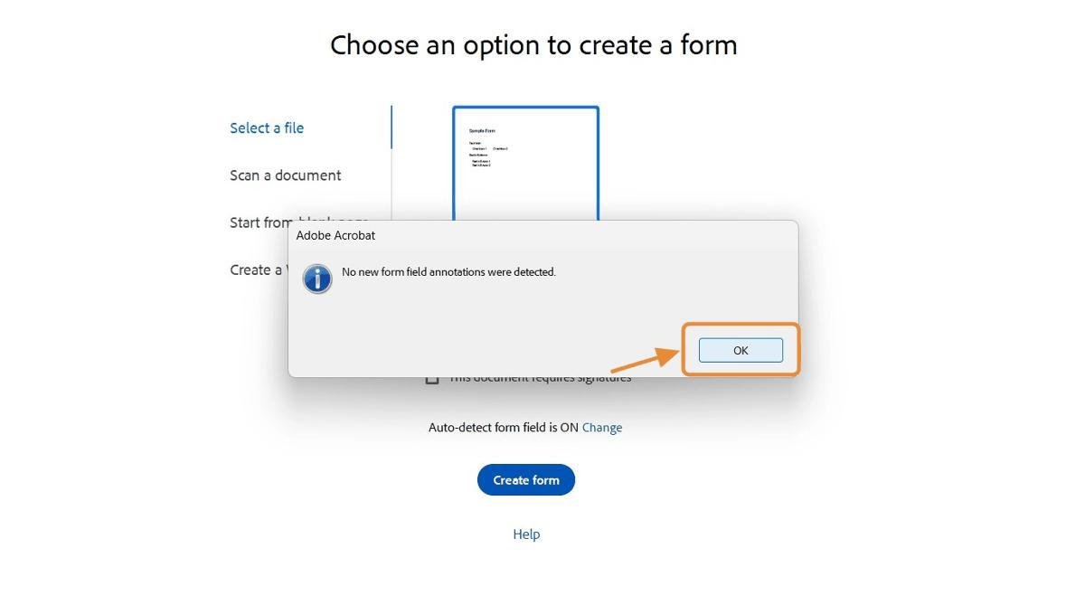 Pop-up stating no new form field annotations were detected.