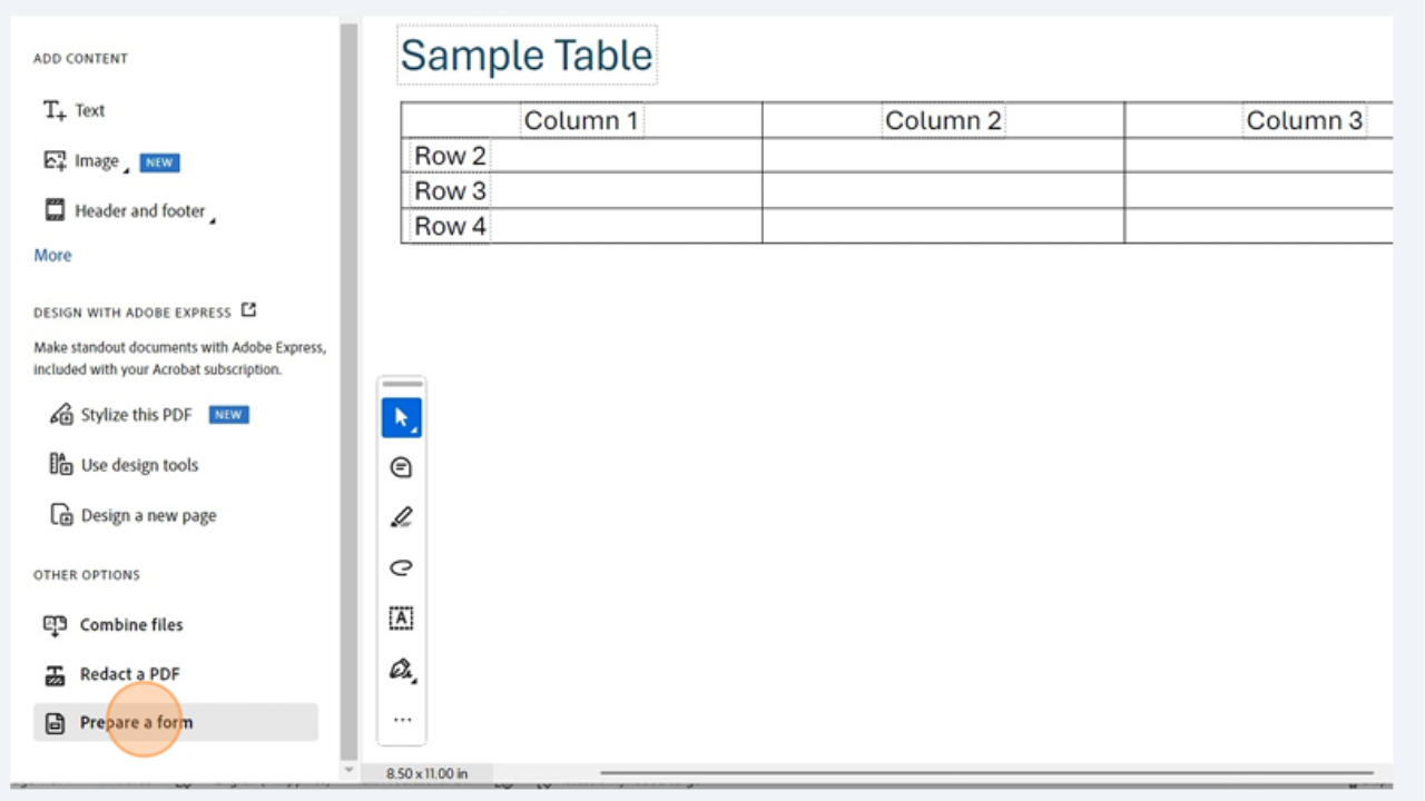 Adobe Acrobat Pro interface showing Prepare a Form option selected to begin adding form fields to a PDF table for accessibility tagging.