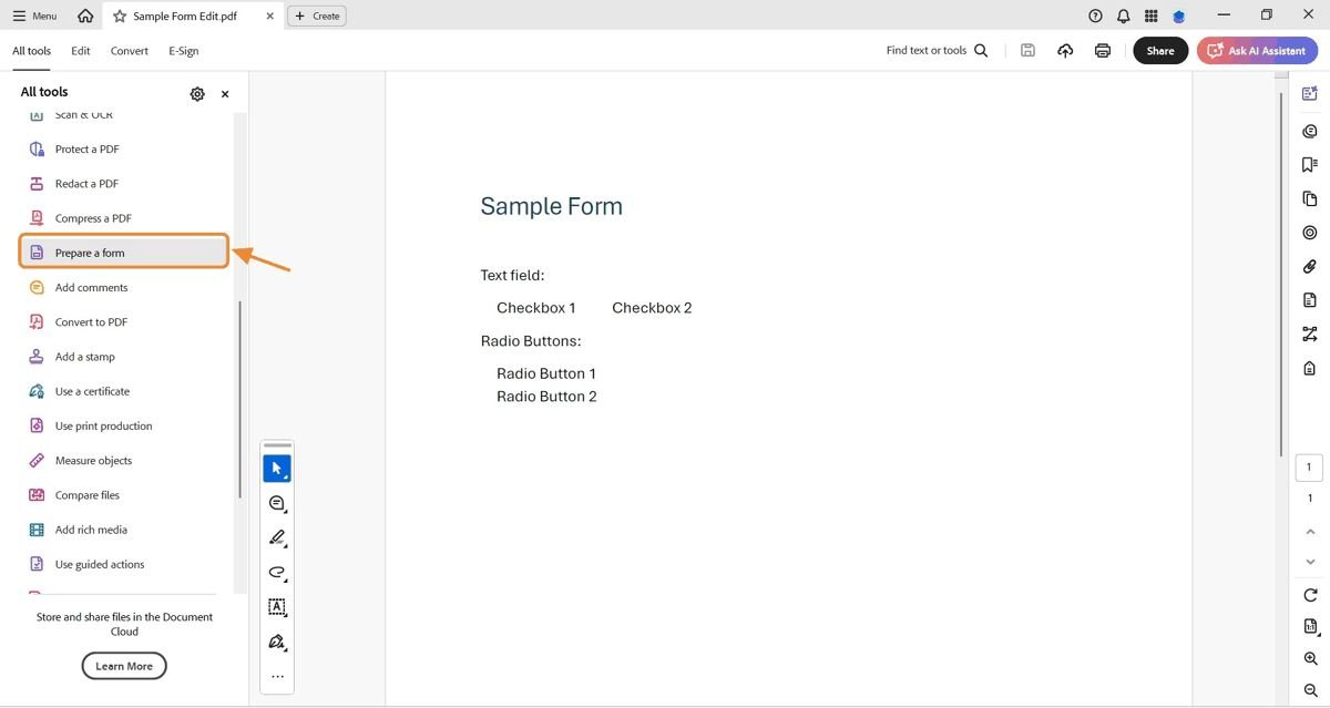 Tools menu with Prepare a form highlighted.