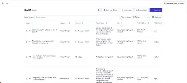 DARTSuite portal showing 31 listable issues of See3D.org.