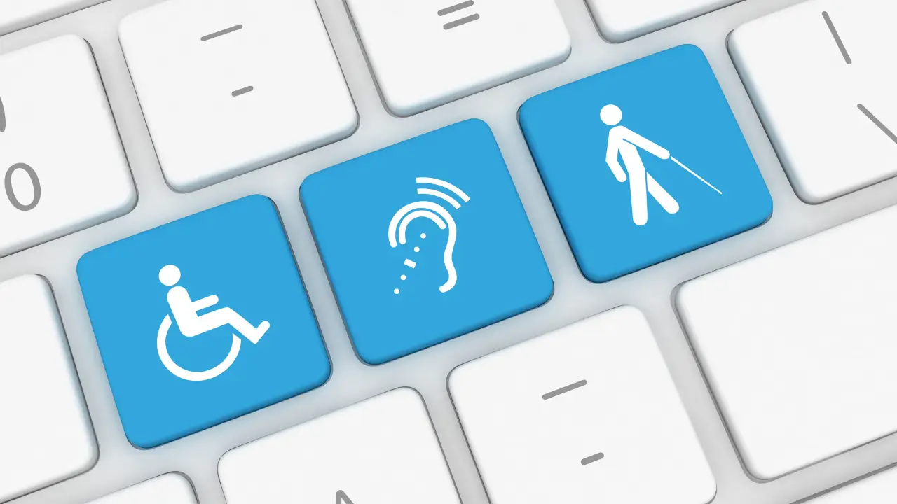 Keyboard keys featuring accessibility icons for mobility, hearing, and vision