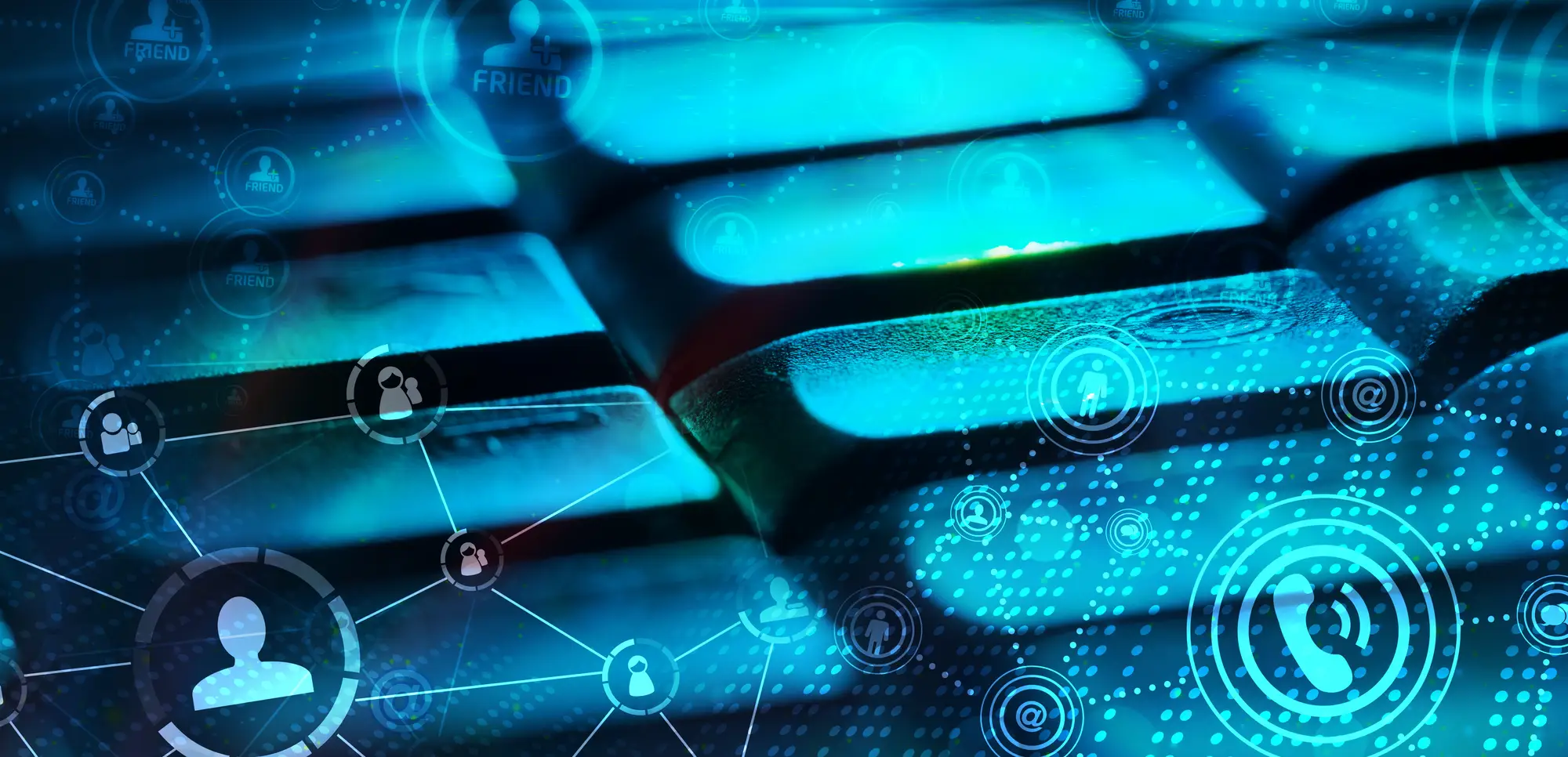 Close-up of a keyboard with digital network icons and connection lines, reflecting how content is shared across systems