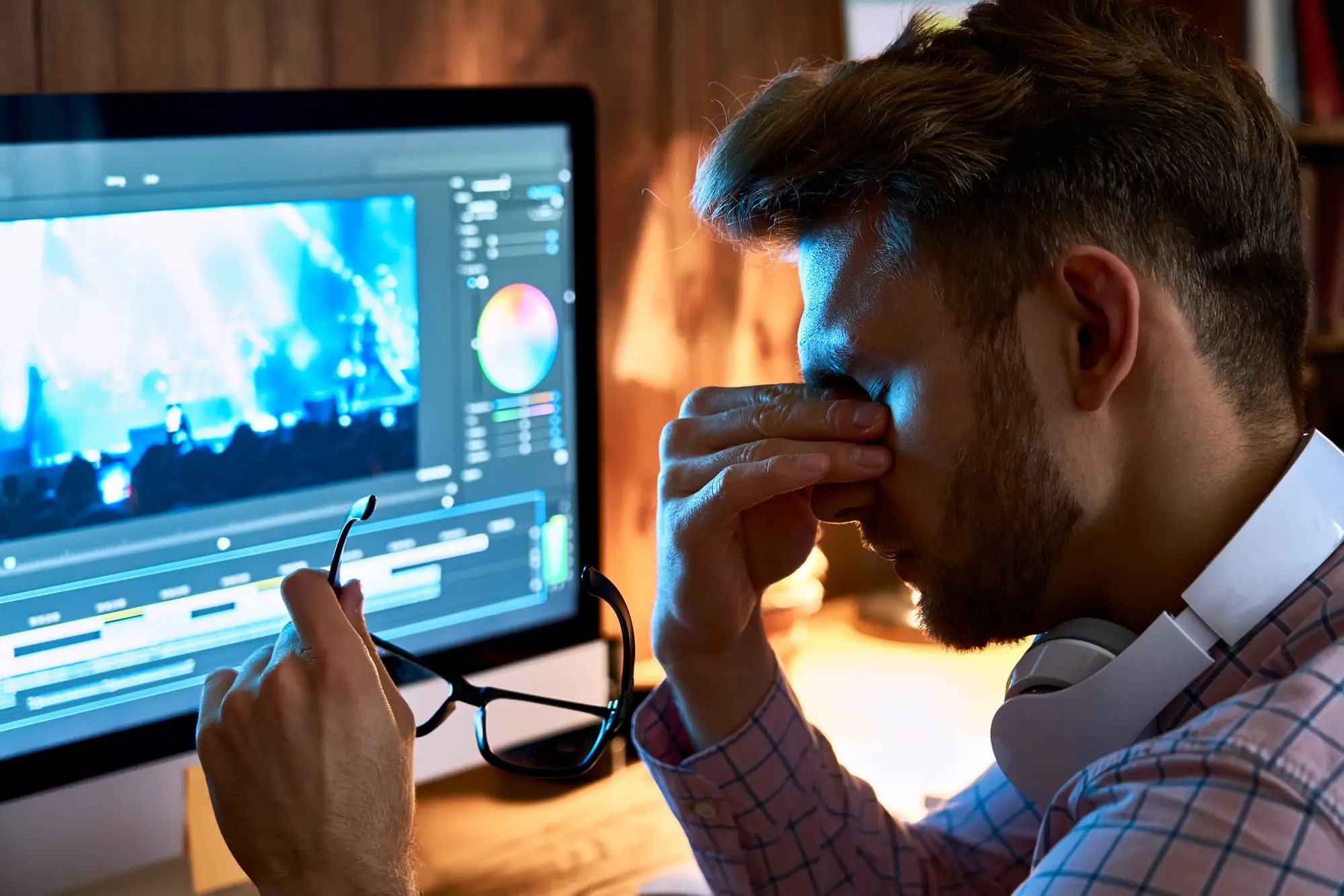 Man working at a computer late at night, holding his glasses and rubbing his eyes while reviewing video footage