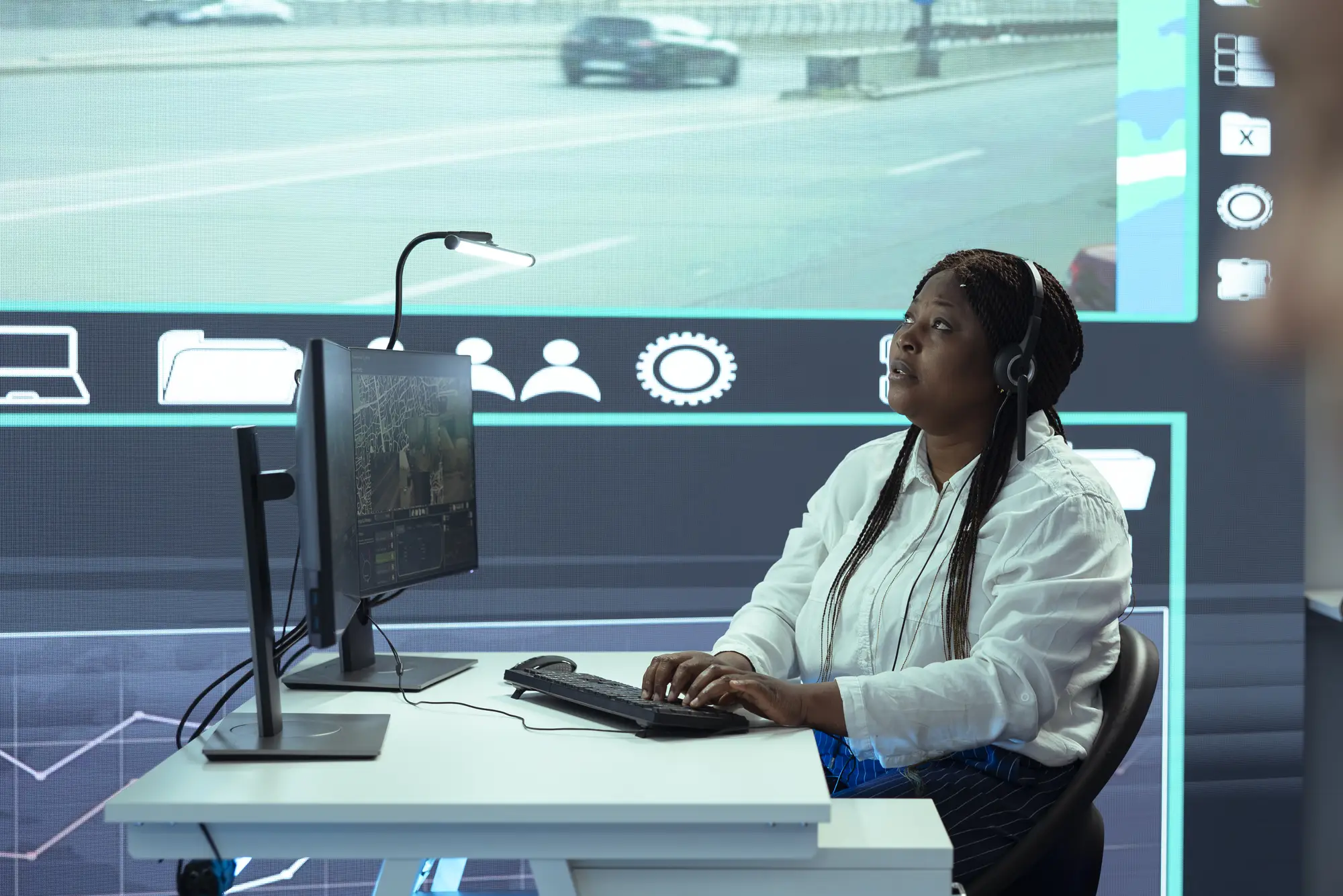 Operations center staff monitoring digital maps, traffic feeds, and data systems on large display screens.