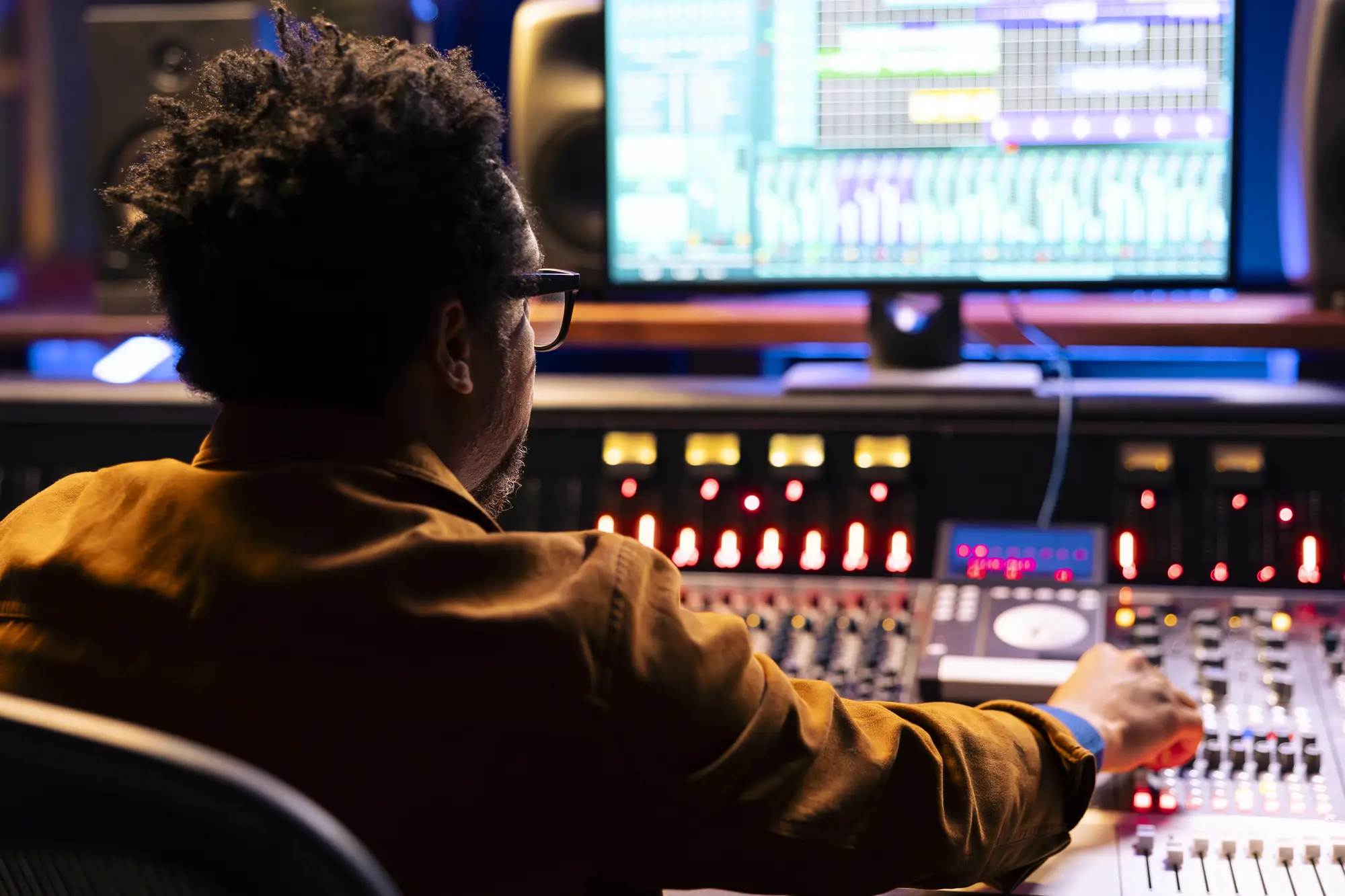 Technician adjusting controls on a mixing console while monitoring audio levels on a screen