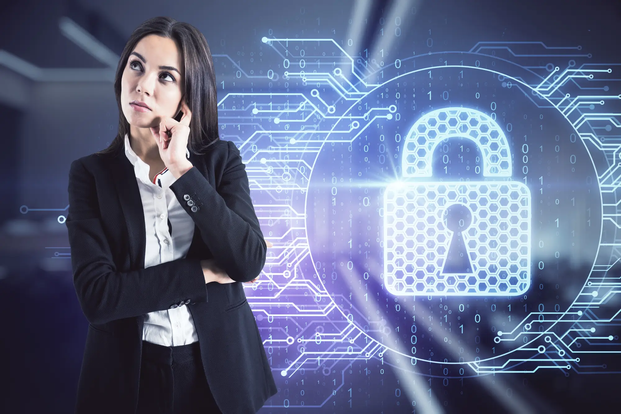 Woman in business attire looking thoughtful beside a digital lock and network graphic, suggesting data and compliance considerations