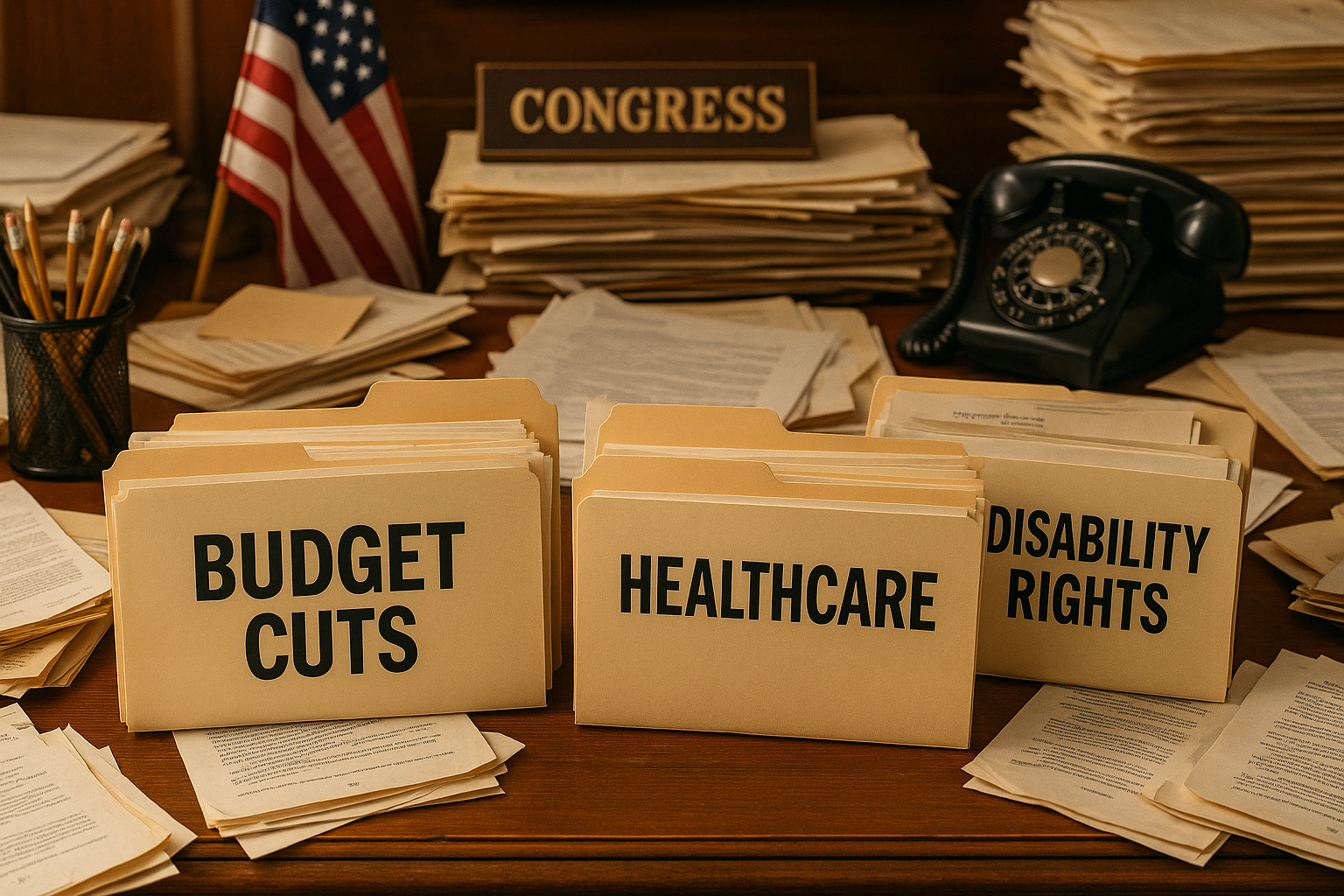 Overcrowded legislative desk showing folders like 'Budget Cuts' and 'Digital Accessibility,' illustrating how digital accessibility legislation competes for attention in Congress.