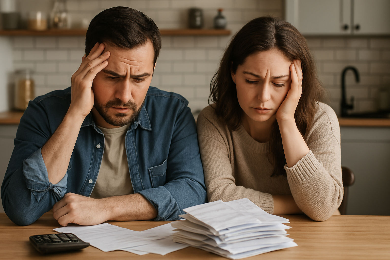 A married couple sitting at a kitchen table, looking stressed and overwhelmed by a stack of bills. This image could represent the financial burden that married couples on SSI may face.
