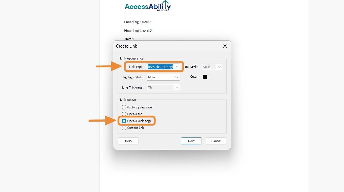 Create Link dialog box in Adobe Acrobat. &ldquo;Link Type: Invisible Rectangle&rdquo; and &ldquo;Open a web page&rdquo; are highlighted as selected options.