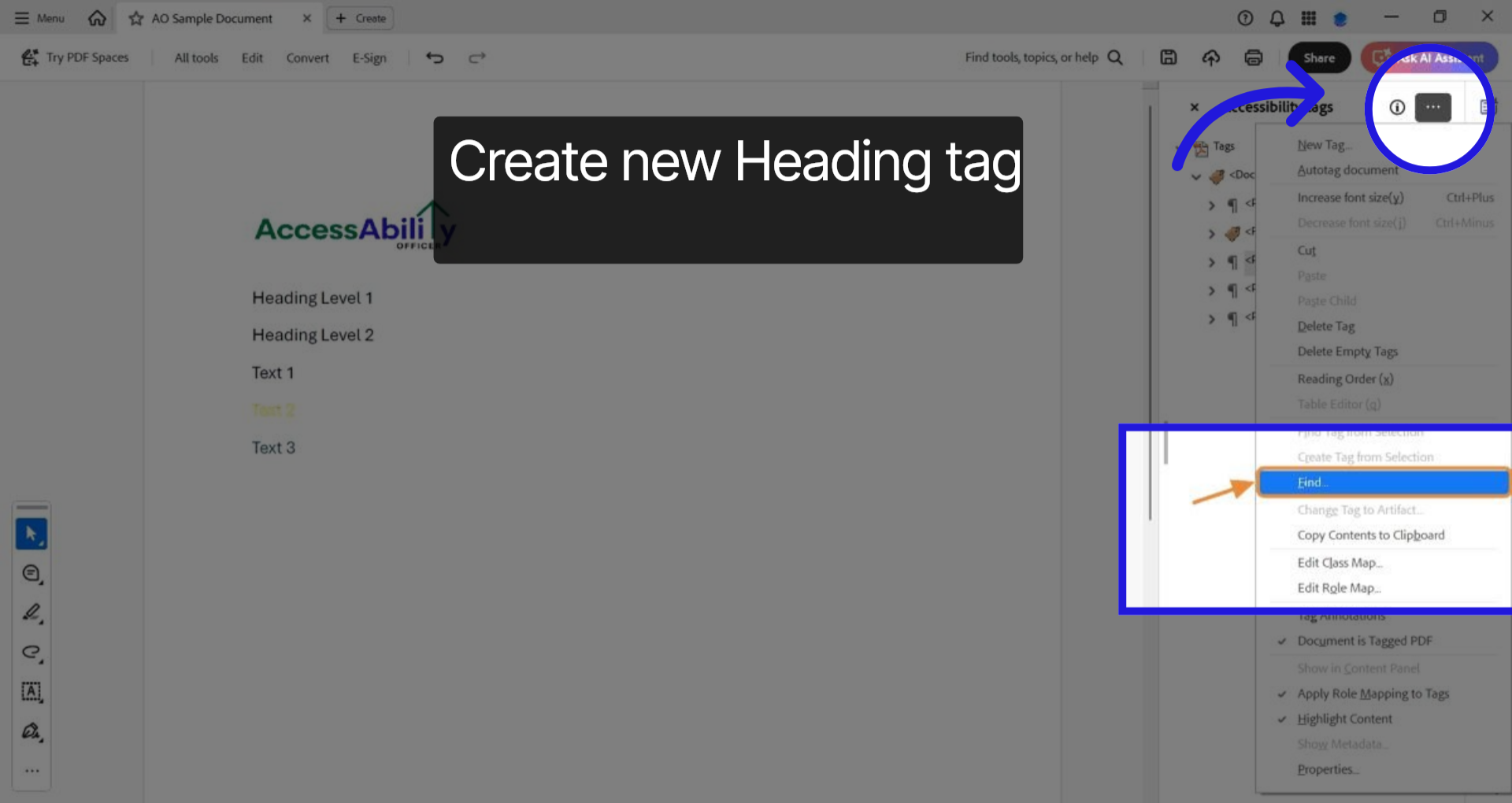 Accessibility Tags panel showing the creation of a new heading tag. An orange arrow highlights the 'New Tag' dialog where tag type is selected.