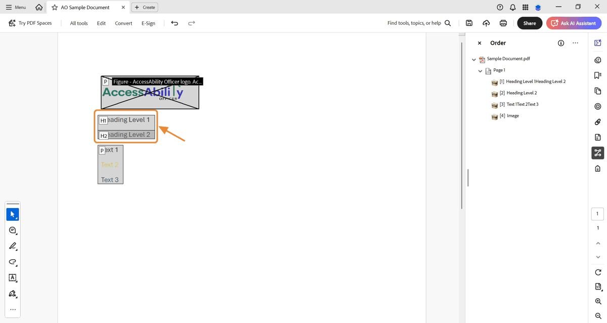 Screenshot of Adobe Acrobat Pro showing a sample PDF with &ldquo;Heading Level 1&rdquo; and &ldquo;Heading Level 2&rdquo; in labeled boxes. An orange arrow points to the highlighted heading tags in the Reading Order panel. The right-hand Order panel displays the document structure, listing headings, text, and image tags.